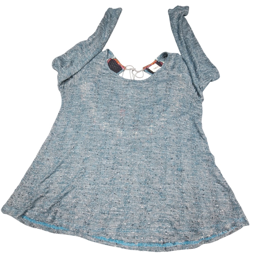 Daytrip Blue Marl Knit Long Sleeve Top Lace Mesh Tassel Back Detail Large USA